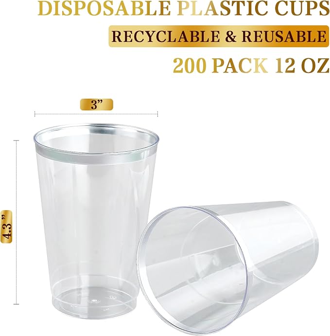 FOCUSLINE 200 Pack 12 oz Silver Rimmed Plastic Cups, Heavy-duty & Fancy - Image 7