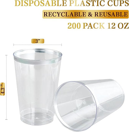 FOCUSLINE 200 Pack 12 oz Silver Rimmed Plastic Cups, Heavy-duty & Fancy - Image 7