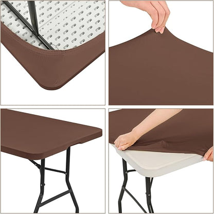 6 Pack Stretch Fabric Table Top Cap Cover, fits 8' Tables, Spandex Table Covers Washable Elastic Rectangle Tablecloth Protector for Indoor Outdoor Party Picnic Wedding, Coffee, 30" W x 96" L