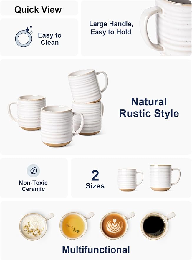 LE TAUCI Coffee Mugs 12 oz, Ceramic Coffee Cups for Latte, Hot Tea, Cappuccino, Mocha, Cocoa, Housewarming Wedding Present Mug Set - Set of 4, Arctic White