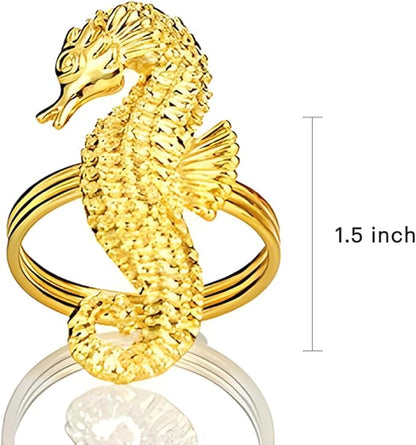 Decozen Set of 12 Gold Napkin Rings in Sea Horse Design, Festive, Table Decor Setting for Holiday, Wedding, Birthday, Kitchen, Home Decor, Housewarming Gift - Mothers Day Decorations