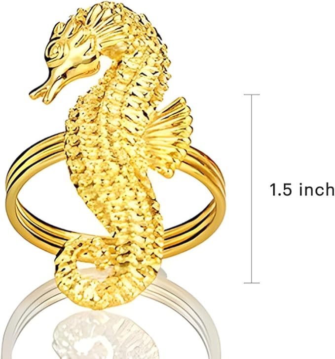 Decozen Set of 8 Gold Napkin Rings in Sea Horse Design, Festive, Table Decor Setting for Holiday, Wedding, Birthday, Kitchen, Home Decor, Housewarming Gift - Mothers Day Decorations