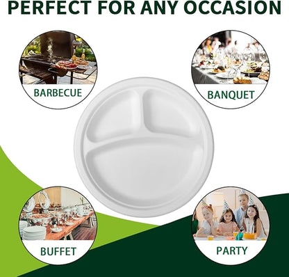 9 Inch 3 Compartment Paper Plates 【White 150 Pack】, Compostable Divided Plates, 100% Sugarcane Bagasse, Heavy Duty Disposable Plates for Lunch, Salad, BBQ, Picnic