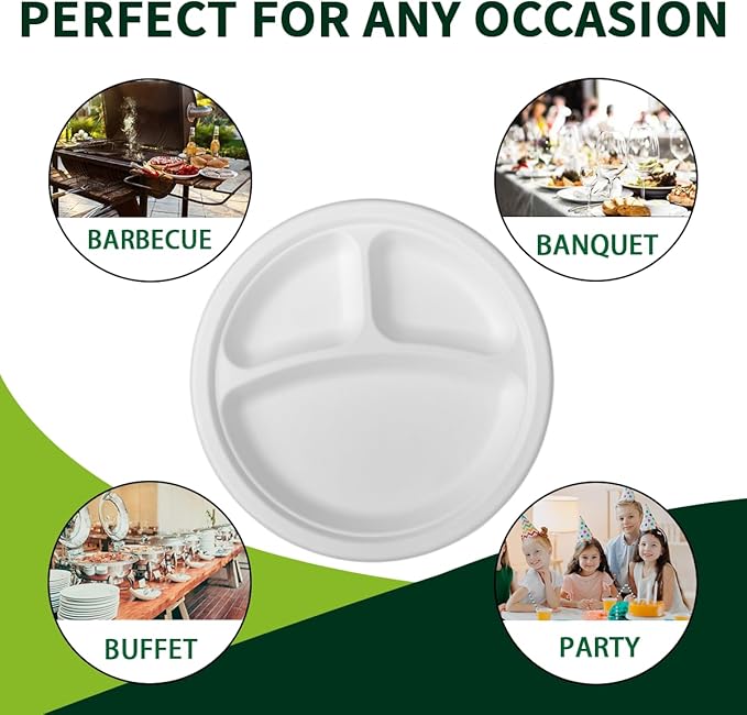 10 Inch 3 Compartment Paper Plates 【White 150 Pack】, Compostable Divided Plates, 100% Sugarcane Bagasse, Heavy Duty Disposable Plates for Party, BBQ, Picnic, Catering