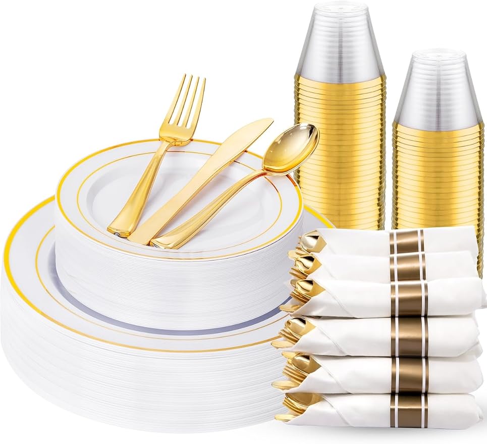 175PCS White and Gold Plastic Plates by WDF
