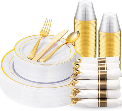 175PCS White and Gold Plastic Plates by WDF