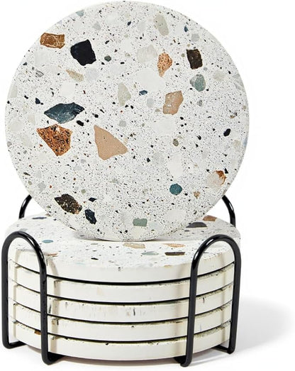 Terrazzo Coasters Set of 6, Ceramic Absorbent Drink Coasters, Cute Moisture Absorbing Coaster, Coffee Table Desk Decor, Colorful Stone Coaster for Drinks (Granite with Black Holder)