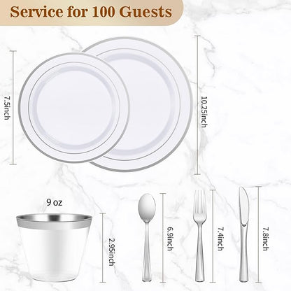 BESTVIP 700 PCS Silver Dinnerware Set for 100 Guests, Plastic Dinnerware Set for Party, Wedding, Christmas, Include: 200 Plastic Plates, 100 Silver Silverware, 100 Cups, 100 Paper Napkins