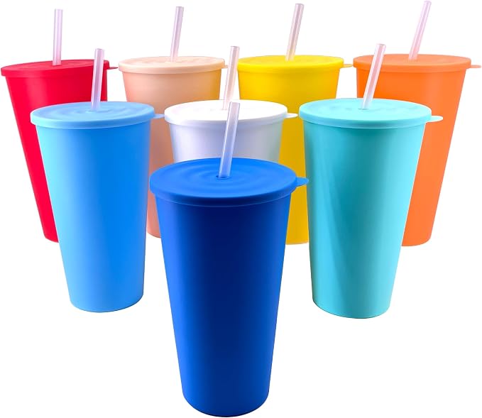 32 oz Cups with Lids and Straws Reusable set of 8, Pastel Rainbow | Iced Tea by WEXINHAO