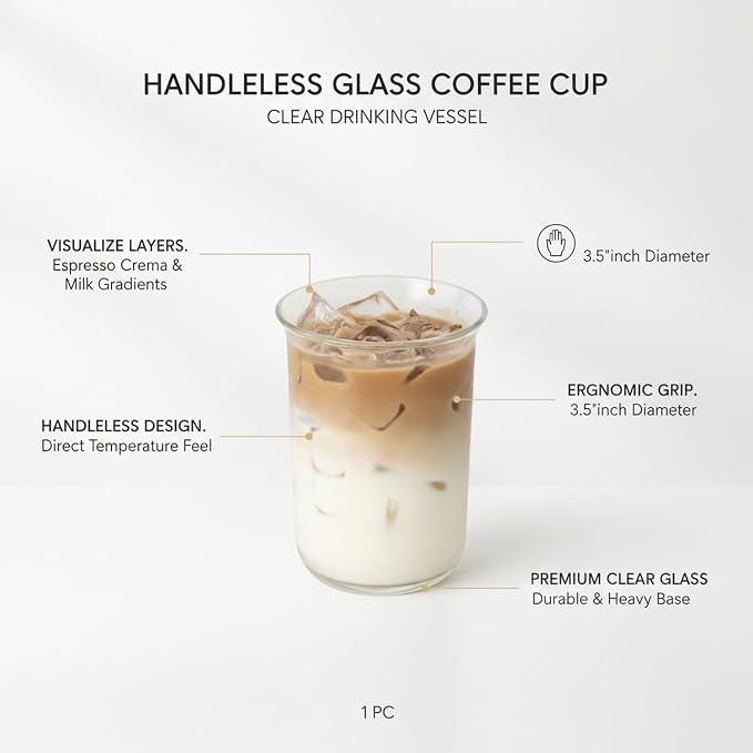 Coffee Lovers Handleless Glass Cup, Modern Minimalist Drinkware - Image 4