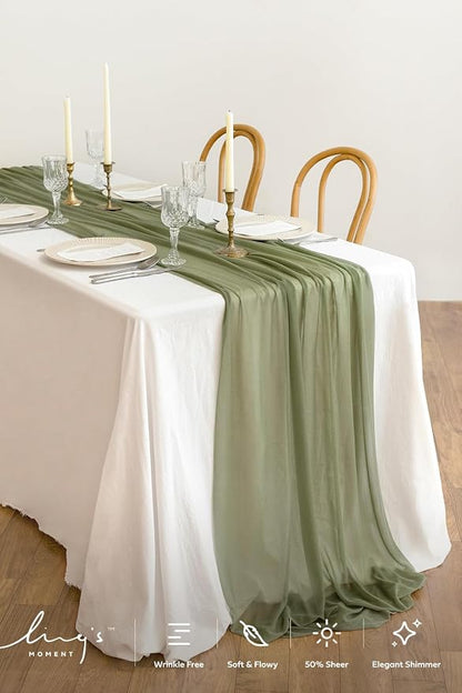 Ling's Moment 14Ft Sage Green Table Runner, Wedding Chiffon Table Runners | - Image 2