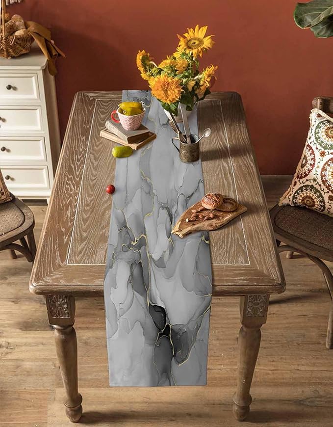 Grey Marble Table Runners 90 Inches Long, Cotton Linen Fabric Table Runner - Image 4
