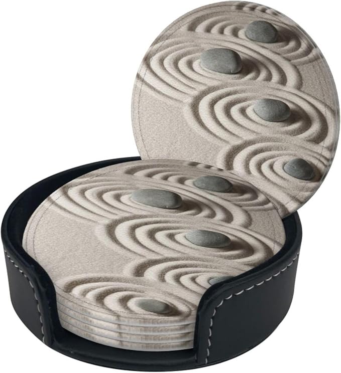 6 Pcs Japanese Zen Garden Meditation Stone Leather Coasters - Image 3