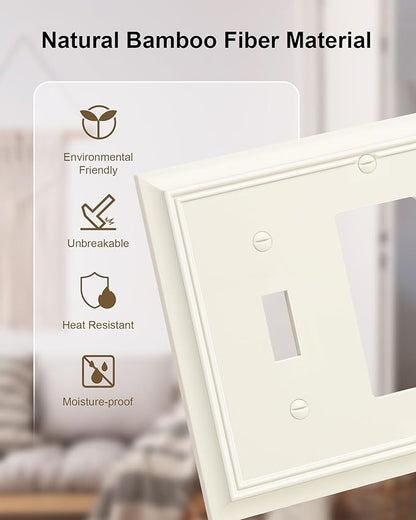 2-Pack Combo Toggle/Decorator Light Switch Cover Plate, Light Almond Decorative Electrical Outlet Covers, Durable Natural Bamboo Fiber Switch Plates and Outlet Covers, Corrosion Resistant