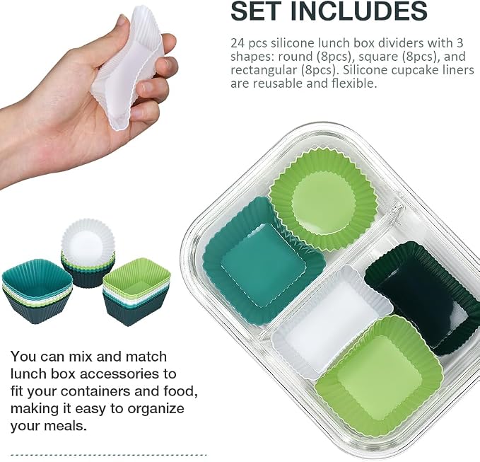 24 Pcs Silicone Lunch Box Divides, Lunch Accessories, 3 Shapes | Reusable - Image 3