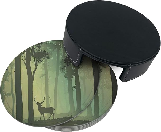 6 Pcs Deciduous Forest Bird Deer Leather Coasters - Image 5