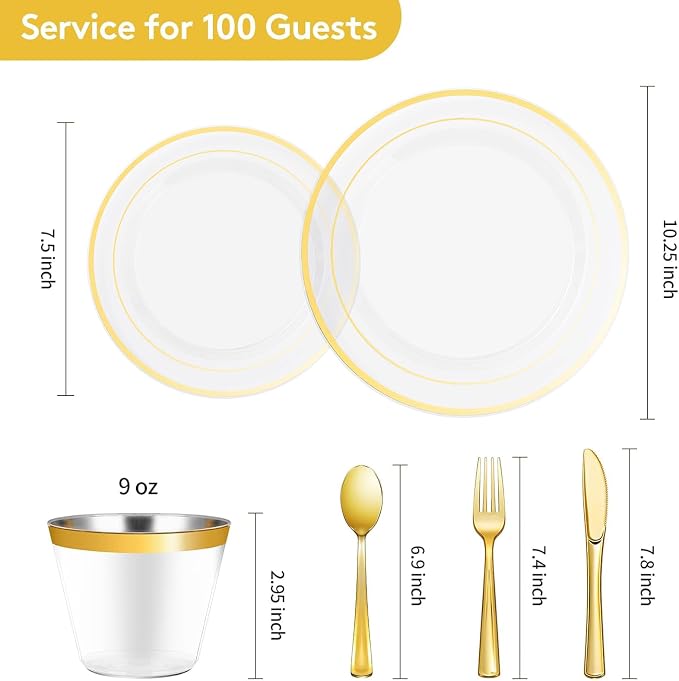 600 Pieces Clear Gold Plates for 100 Guests | Include: Dinnerware Set of 100 - Image 3