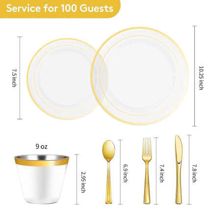 600 Pieces Clear Gold Plates for 100 Guests | Include: Dinnerware Set of 100 - Image 3