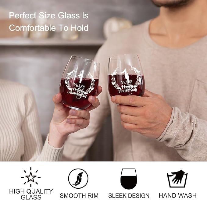 Perfectinsoy 1 Years Happy Anniversary Wine Glass Set of 2, Happy 1th - Image 5
