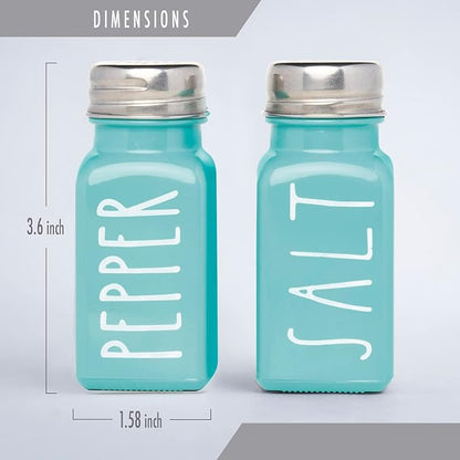 Turquoise Salt and Pepper Shakers Set, a cute teal premium glass shakers with holder and stainless steel lids, perfect for adding a modern kitchen decor charm, great as a gift.