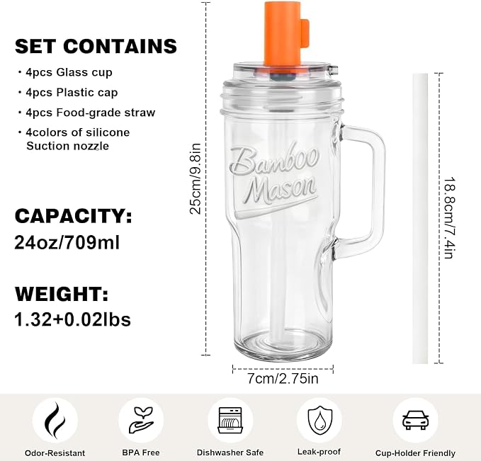 ANOTION Glass Tumbler With Handle Bamboo Mason Leakproof Mason Jar Cups with - Image 7