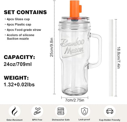 ANOTION Glass Tumbler With Handle Bamboo Mason Leakproof Mason Jar Cups with - Image 7
