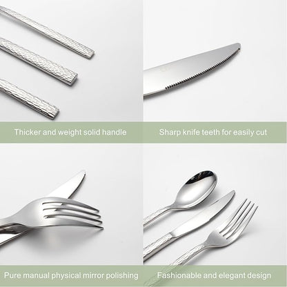 Hammered Silverware Set for 4, 20-Piece Stainless Steel Flatware Cutlery Set, Includes Dinner Knives,Dinner Forks, Tea Spoons, Dinner Spoons, Salad forks, Mirror Polished - Dishwasher Safe