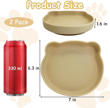 Silicone Cat Food Bowl Suction Cup Cat Dish 7" Shallow Cats Food & Water Bowls Set of 2 Non-Slip Kitty Plates Relief Whisker Fatigue Puppy Feeding Bowl for Dry & Wet Food (Beige)