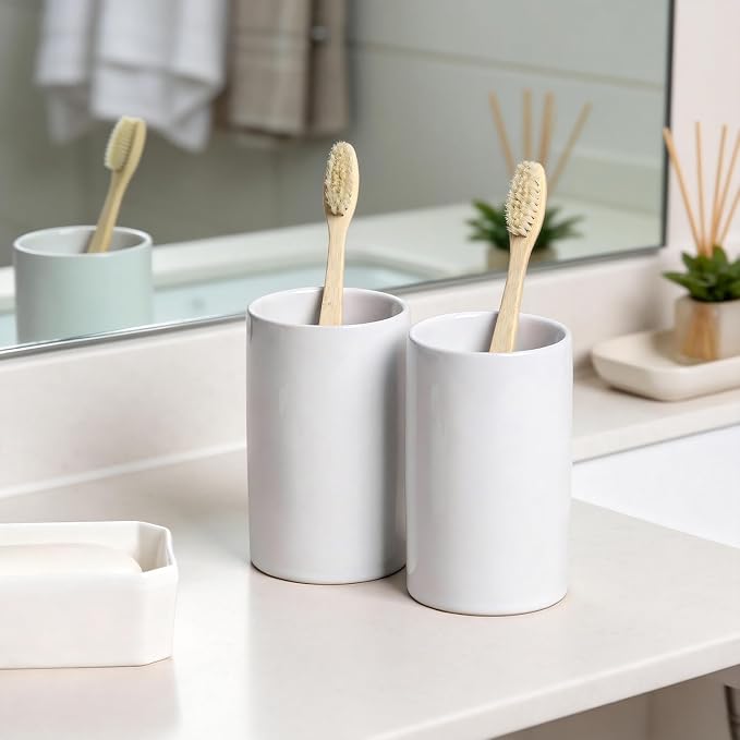 Gaolinci 2 Pcs Simple Solid Color Ceramic Mouthwash Cups, Bathroom Brushing Cup - Image 2