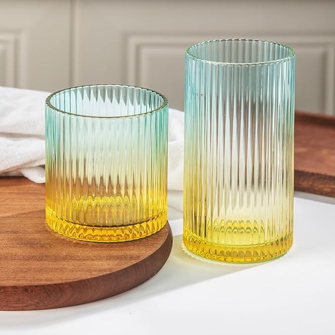 Ribbed Drinking Glasses 8pcs, 12oz and 10oz Glassware, Tumbler Glasses Cup Set by Lumkit