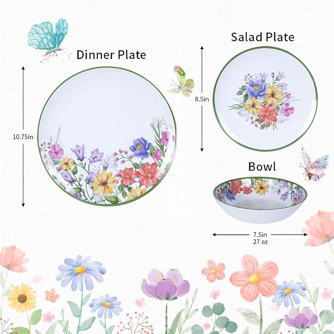 12 Piece Floral Melamine Dinnerware Sets, Service - Image 2