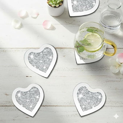 Crushed Diamond Crystal Glass Mirrored Heart Love Coasters Set of 4 Glittering Bling Silver TRENDZY ® Drink Wine Coasters for Home Kitchen Bar & Restaurant Home Decor Birthday Wedding (Heart)