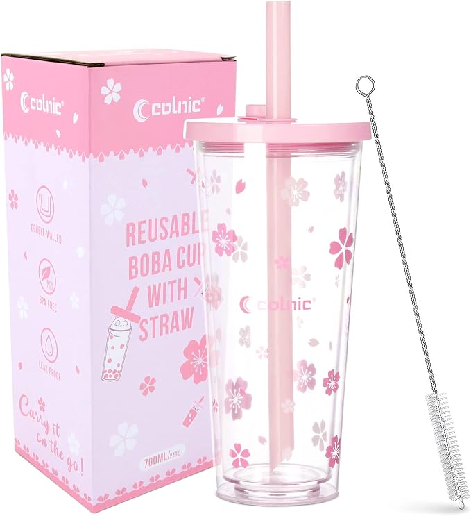 Reusable Plastic Boba Cup With Lids And Straws, 24Oz/700ml Smoothie Cups by WelcomeToColnic