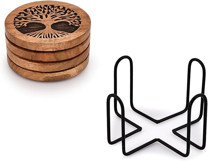 Kimona Coasters Set of 4 Handmade Round Wooden Tree of Life Coasters - Image 4