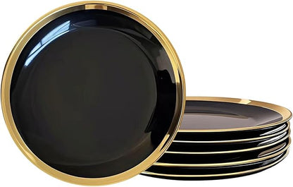 Dinner Plates, Set of 6, 8 inch, Black Porcelain with Gold Trim, Small Plates, Black Ceramic Plates, Ideal for Desserts and Appetizers.