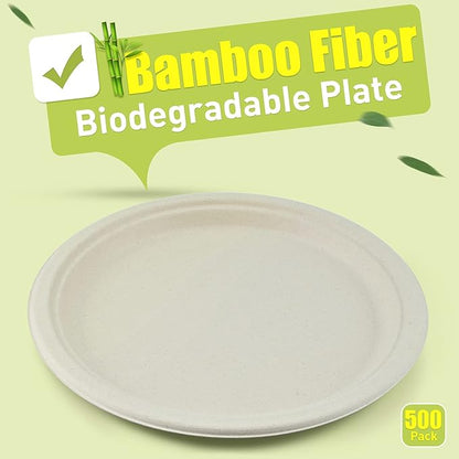 Green Earth, 10-Inch, 500-Count, Compostable Plates, Natural Bamboo Fibers, Everyday Tableware - Biodegradable Disposable Round Shape Microwave-Safe Gluten-Free Eco-Friendly