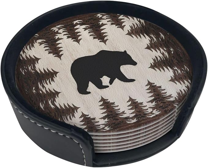 6 Pcs Bear and Pines Leather Coasters - Image 5