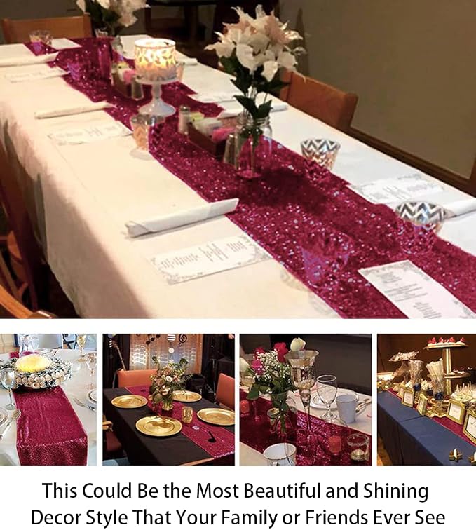 ShiDianYi Burgundy 12x72-Inch Christmas Table Runner Sequin Table Runners - Image 8