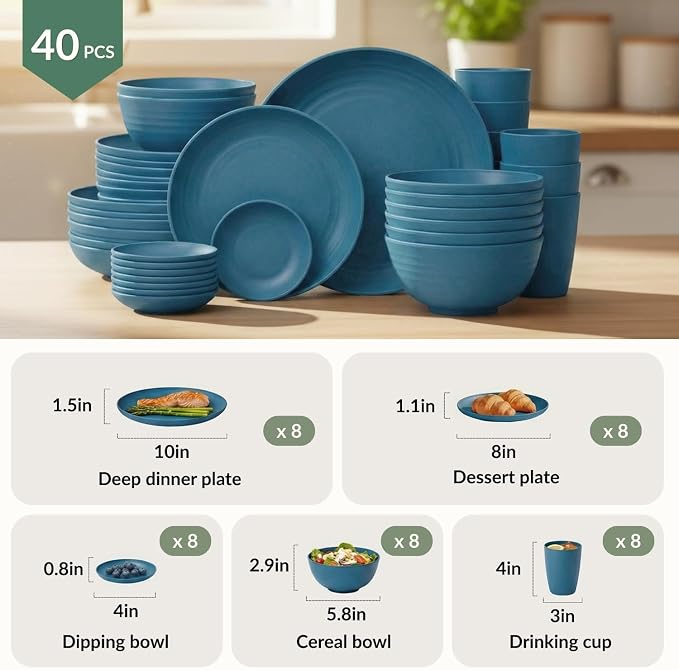 Wheat Straw Dinnerware Sets for 8, Microwave Dishwasher Safe Dish Set, Reusable - Image 2
