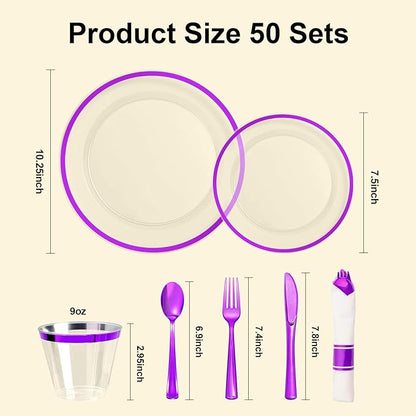 BESTSTAR 350PCS Clear and Purple Disposable Plates Set for 50 Guests, 100 Plastic Plates, 50 Plastic Cups, 50 Pre-Rolled Napkins with Cutlery for Party, Birthday, Wedding, Thanksgiving, Christmas