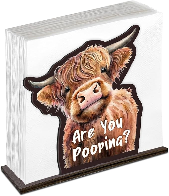 Cute Wooden Napkin Holder Highland Cow Design Farmhouse Cow Are You Pooping by Unknown