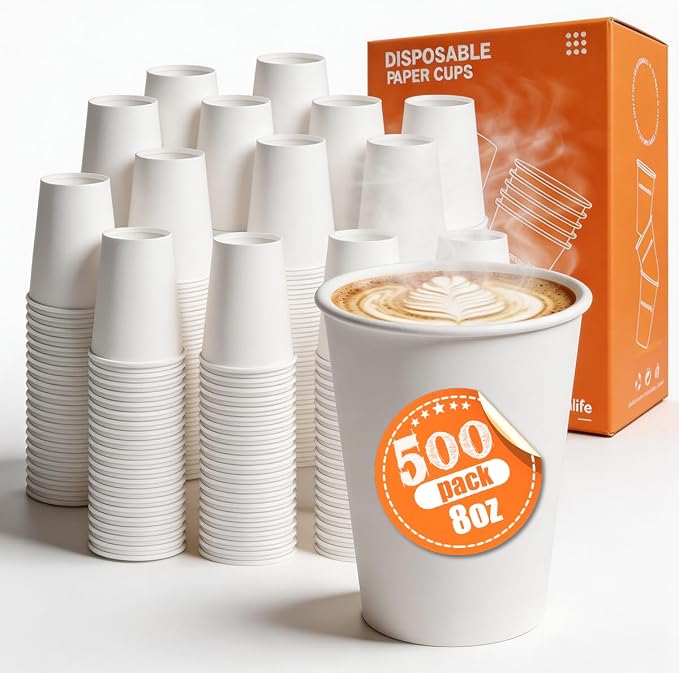 MOUMOULIFE Disposable Paper Coffee Cups 8 oz 500 Count Bulk, Leak-Proof White - Image 2
