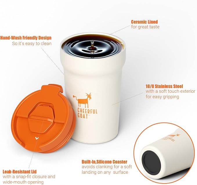 CHEERFUL GOAT Ceramic Lined Coffee Travel Mug – Stainless Steel Travel Coffee - Image 3
