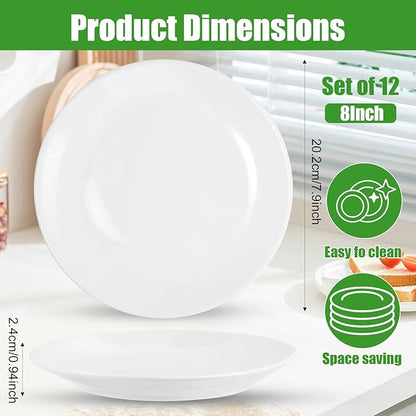 12 Pcs 8 Inch Ceramic Appetizer Plates, Round Dessert Plate Set, White Porcelain Serving Plate for Cake Snacks Bread, Microwave & Dishwasher Safe