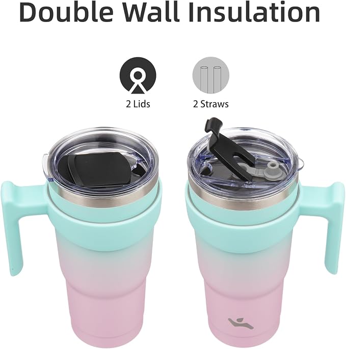 Konokyo 20 oz Tumbler with Handle and Straw, Insulated Travel Mug | Gum; - Image 3