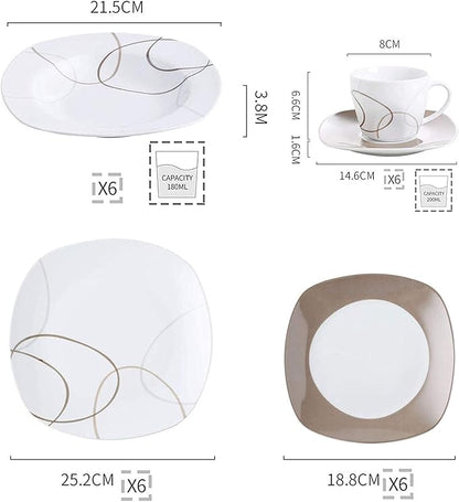 VEWEET 'Nikita' 30-Piece Dinner Set Ivory White Brown Lines Porcelain China Ceramic Combination Sets of Dessert Plates/Soup Plates/Dinner Plates/Cups/Saucers Service for 6