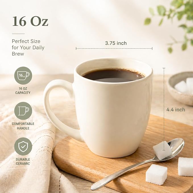 AmorArc 16 oz Coffee Mugs Set of 6, Large Ceramic Coffee Cups-Light Beige | - Image 3