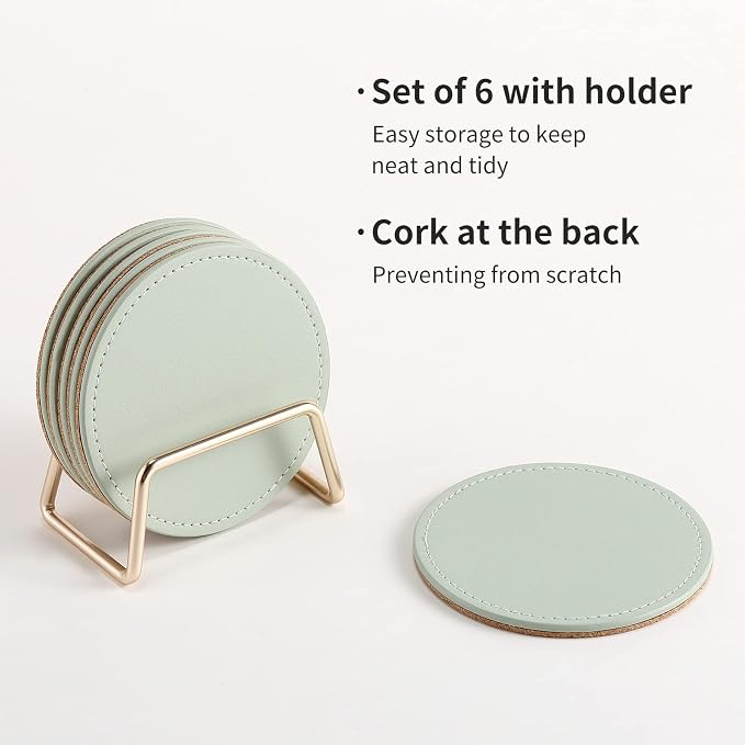 CASEGRACE Drink Coasters with Metal Holder Stand Set of 6, PU Leather Absorbent - Image 4