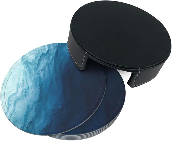 6 Pcs Blue Modern Art Leather Coasters - Image 4