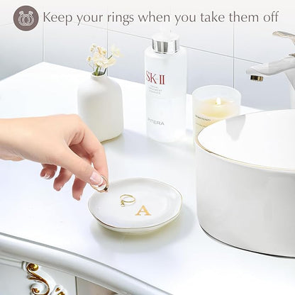 ProCase Ceramic Jewelry Tray, Initial Ring Dish Trinket Plate Engagement Gift, Small Personalized Monogram Ring Bowl for Wedding, White Decorative Jewelry Holder for Women Vanity -Letter A